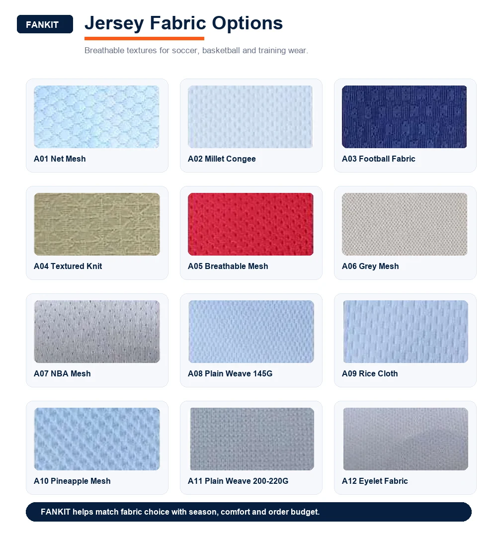 Jersey fabric options including mesh, net and breathable performance materials