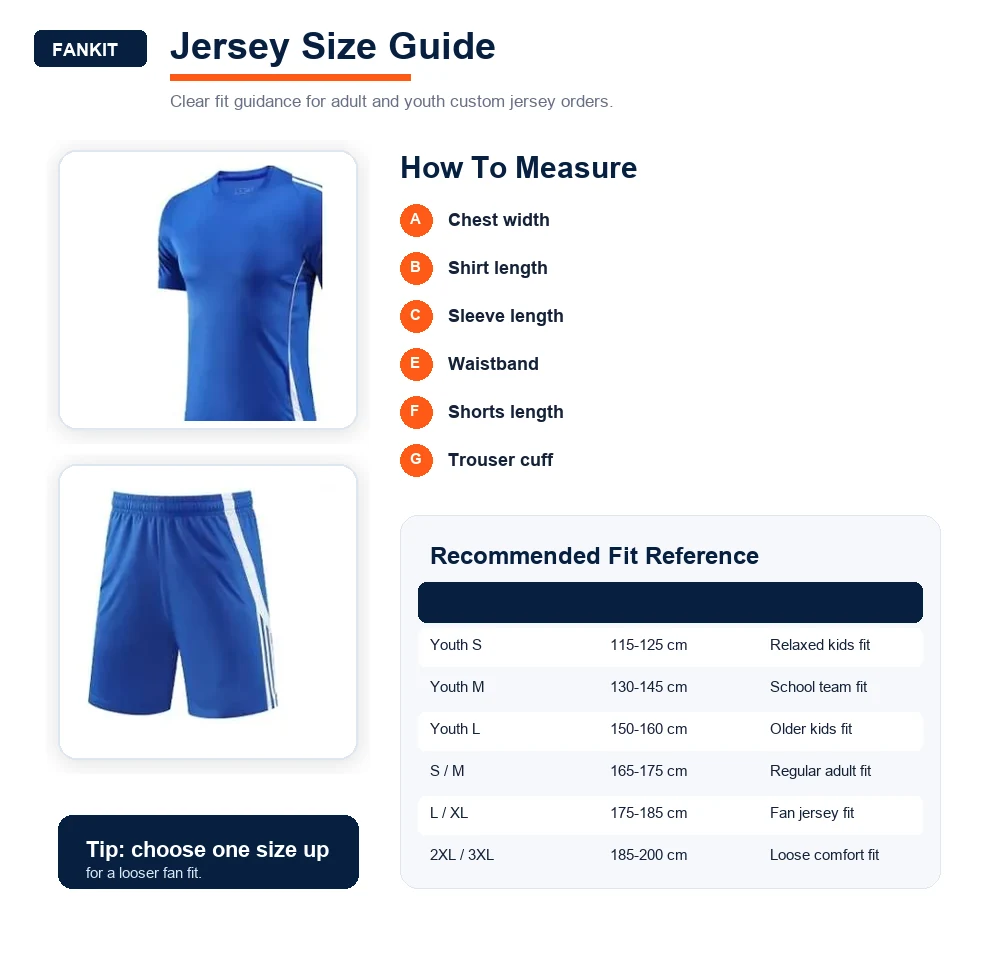 FANKIT jersey size guide with chest, length and sleeve measurements