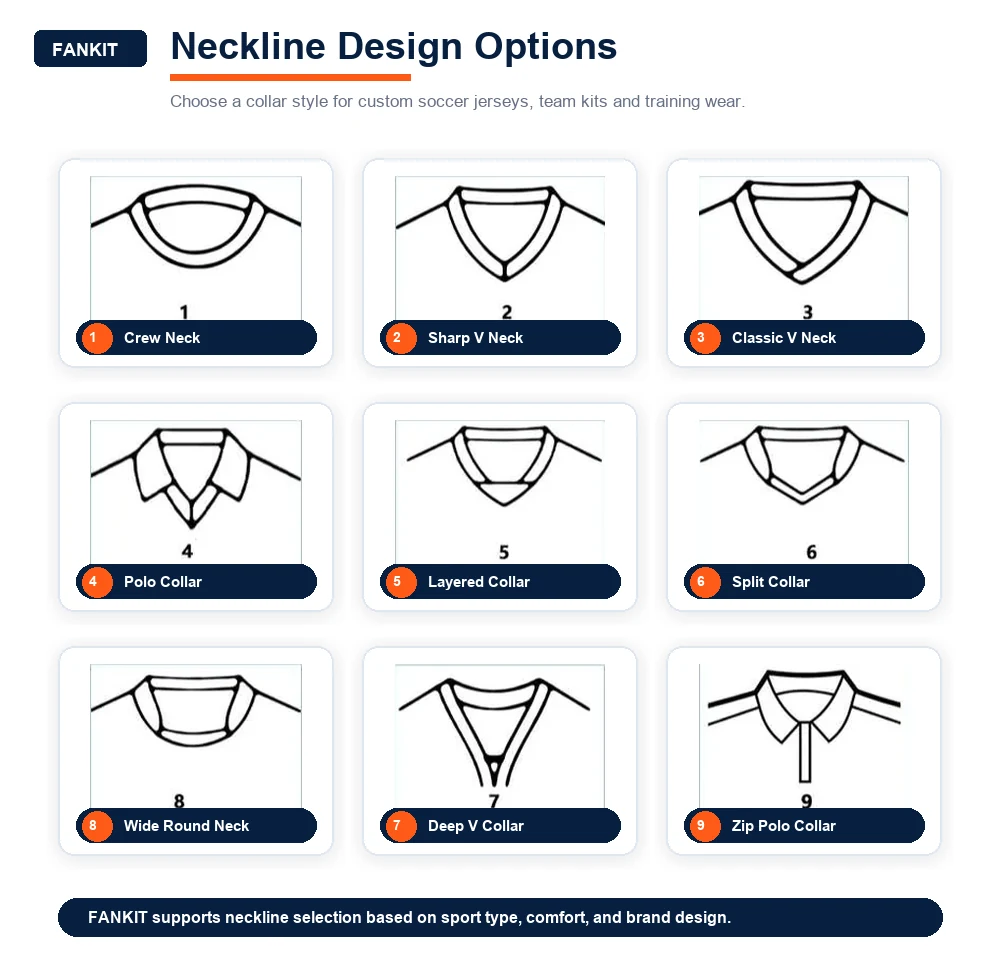 Neckline options for custom jerseys including crew, V-neck and polo collars