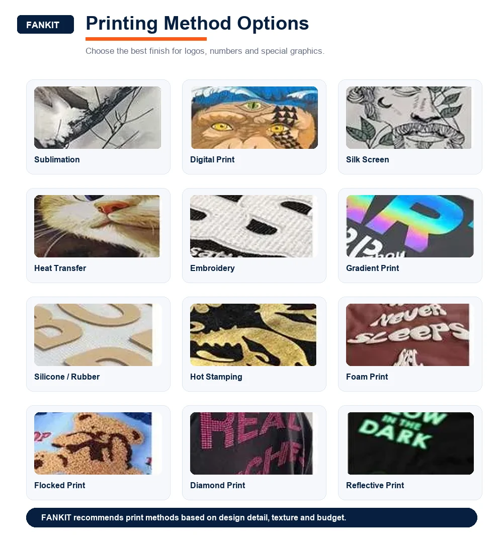 Jersey printing methods including sublimation, heat transfer and embroidery