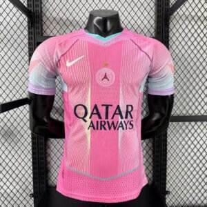 2025-2026 France Paris Saint-Germain Away Pink Short Sleeve Jersey (Player Version), Teal Collar and Cuff Trim