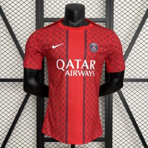 France 2025-2026 Paris Saint-Germain Pre-Match Red Short Sleeve Jersey with Geometric Grid Texture – Fan Version
