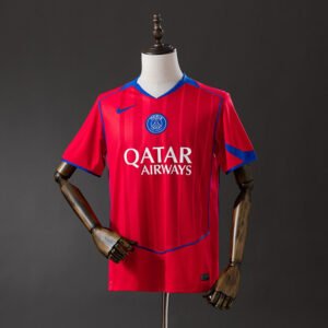 2025-2026 Training Red Paris Saint-Germain France Short Sleeve Jersey with Blue Collar and Cuff Trim — Fan Version