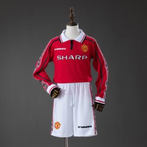 98/99 Manchester United Home Long Sleeve Retro Kids Kit Jersey - front view