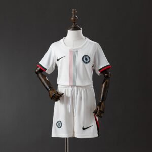 Chelsea 2025-2026 Away Kids Kit - White with Red and Green Vertical Stripes