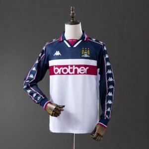 1997-1998 Manchester City Away Long Sleeve Jersey England – White with Navy Sleeves and Kappa Band