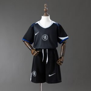 Chelsea 2025-2026 Third Away Kids Kit - Black with Blue Trim and Matching Shorts