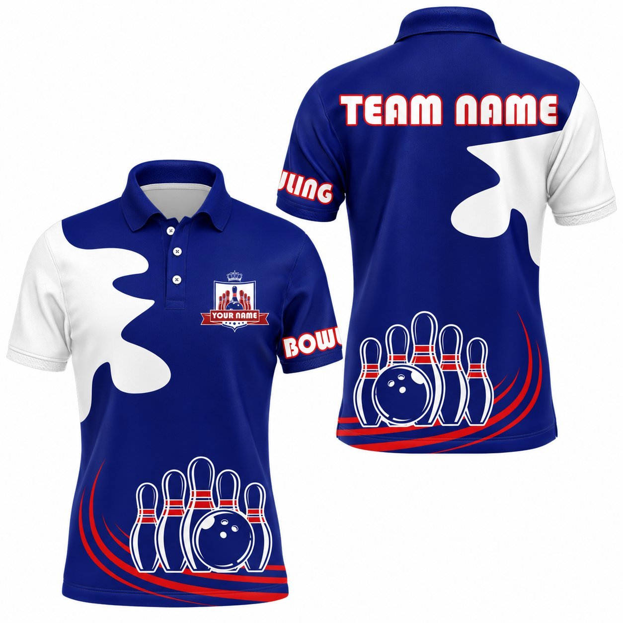 Royal blue and white bowling polo with bowling pins graphic and Strike Crew badge.