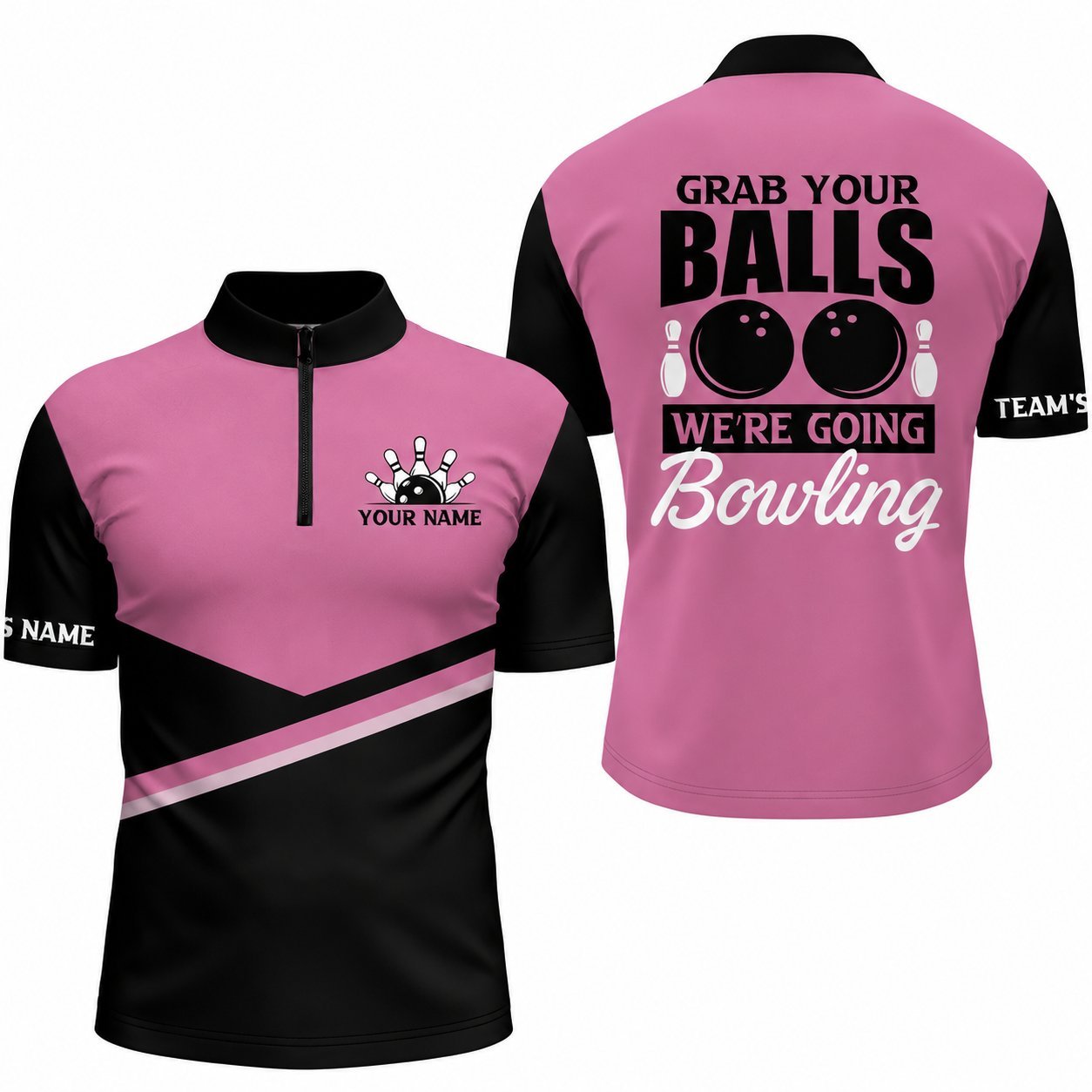 Pink and black bowling jersey with Grab Your Balls We re Going Bowling graphic and your-name placeholder.