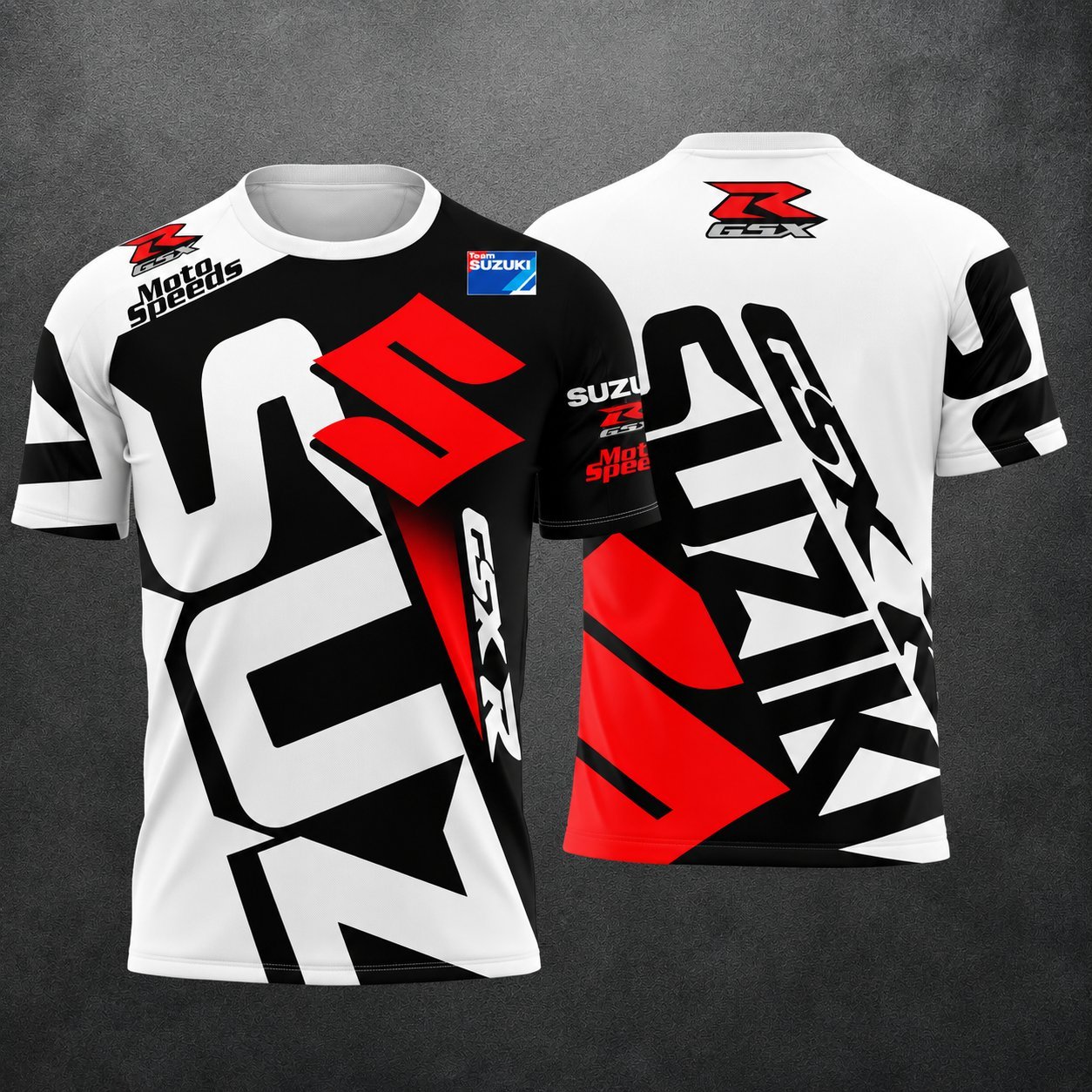 Black, white, and red custom cycling jersey with Suzuki GSX-R branding.