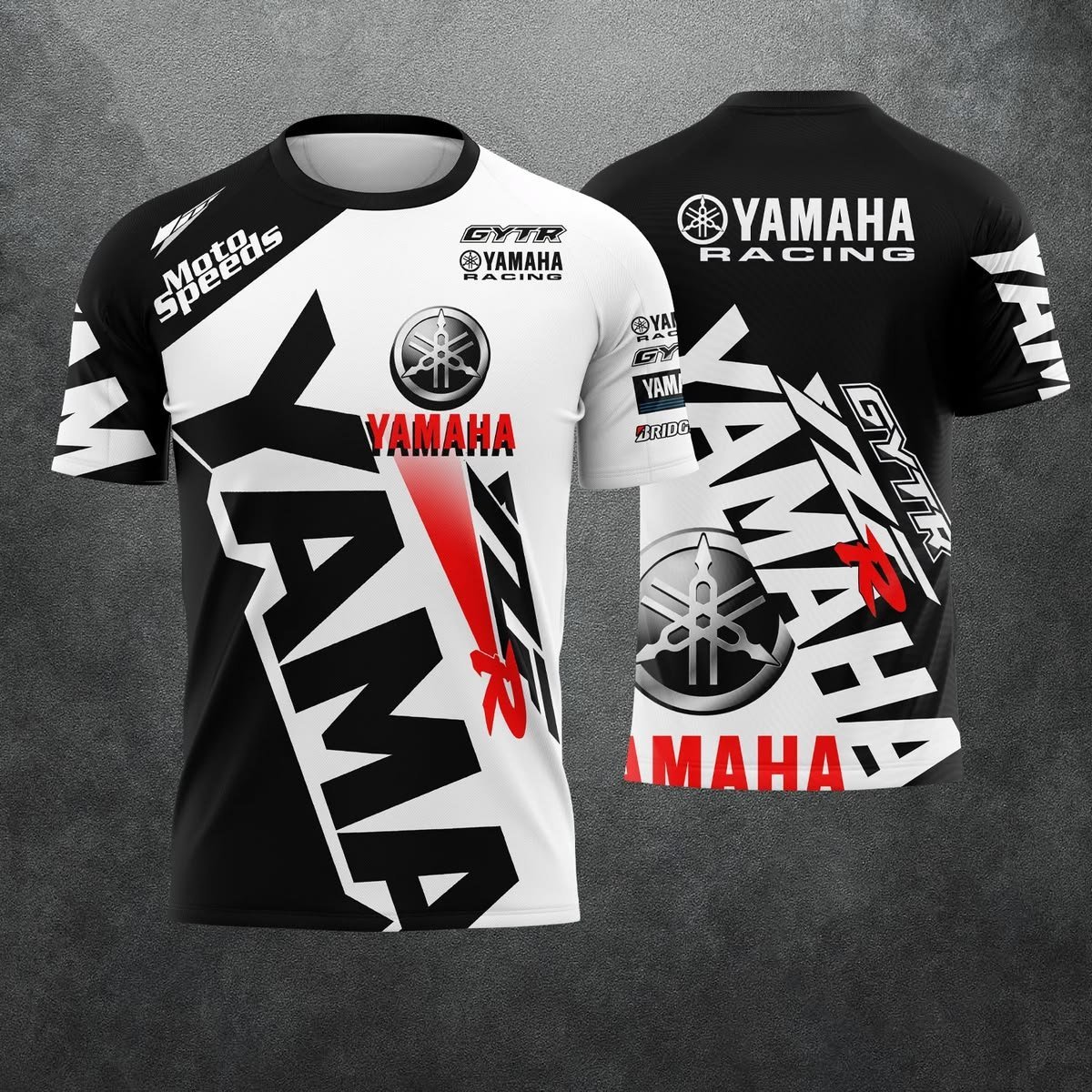 Black, white, and red custom cycling jersey with Yamaha Racing branding.
