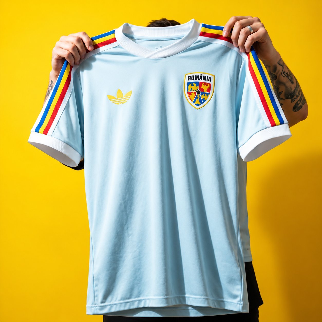 Romania retro away jersey in light blue with tricolor shoulder stripes, held up against a yellow background.
