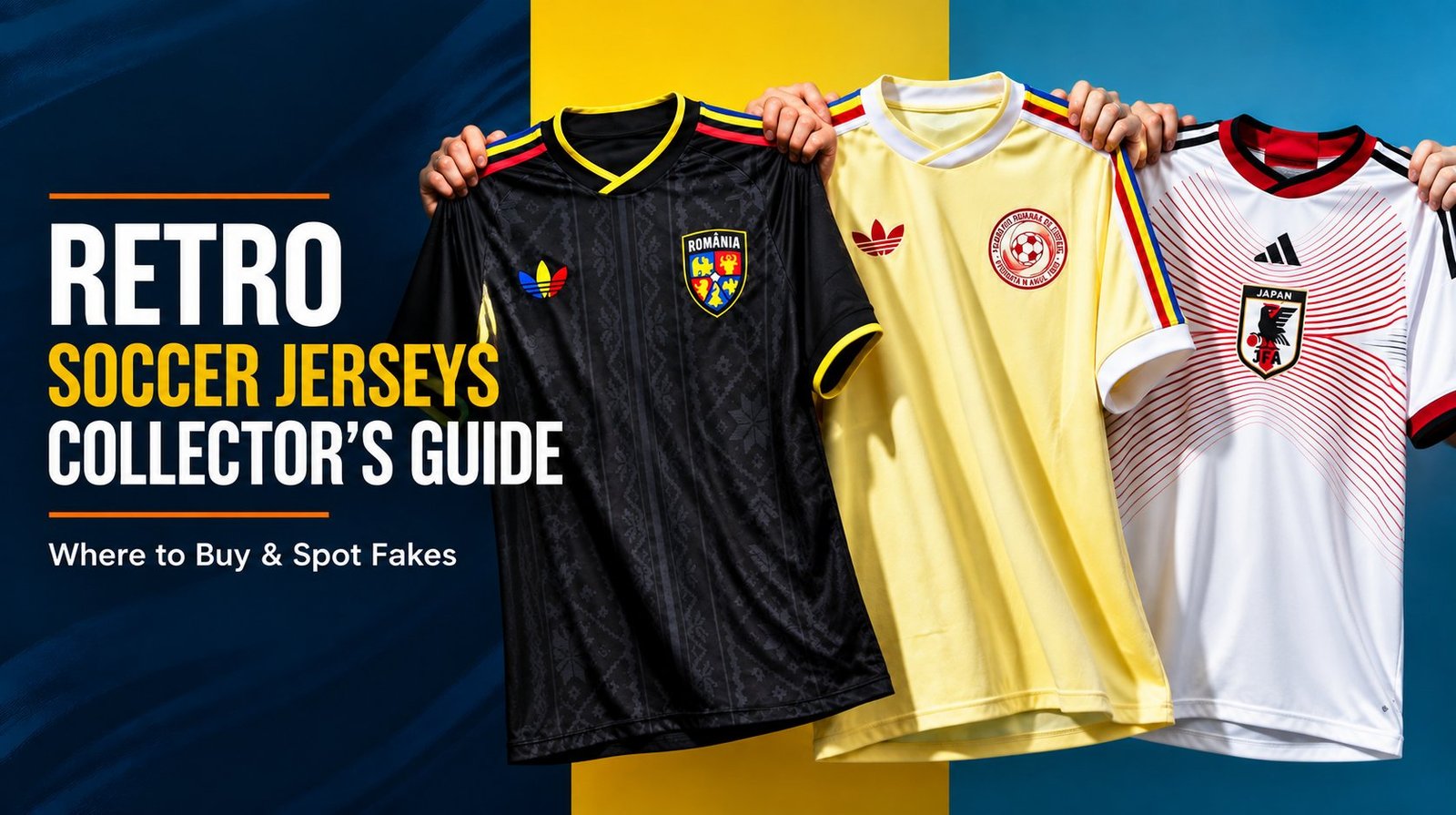Retro Soccer Jerseys Collector’s Guide hero image: Romania black away, Romania yellow home, and Japan red home jerseys against a navy-yellow-blue gradient background.