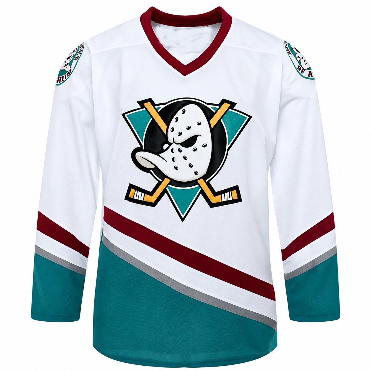 Modern Mighty Ducks of Anaheim third jersey in white with eggplant and jade accents, showing the cartoon duck mask logo and shoulder patches.