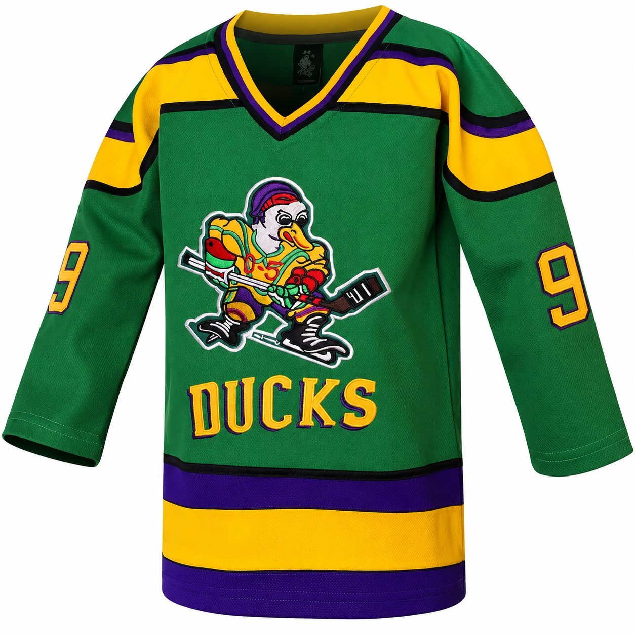 Vintage green Mighty Ducks District 5 movie jersey with yellow and purple stripes and cartoon duck character, #9, D2 costume replica.