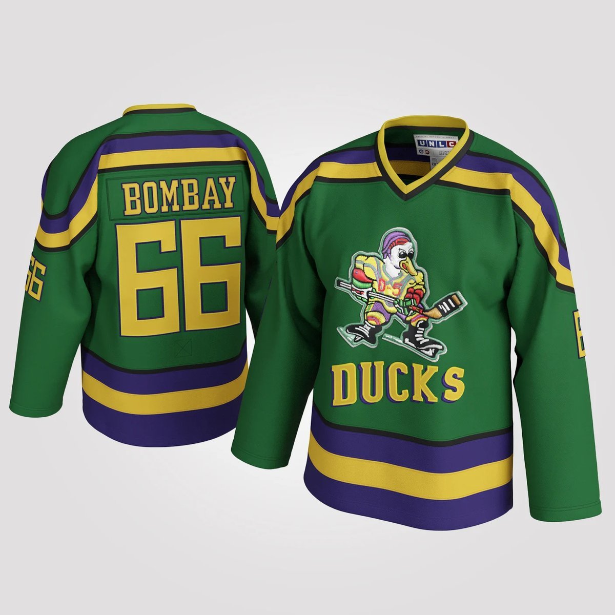 Front and back of a D2: The Mighty Ducks movie prop Bombay #66 hockey jersey in green with yellow and purple accents.