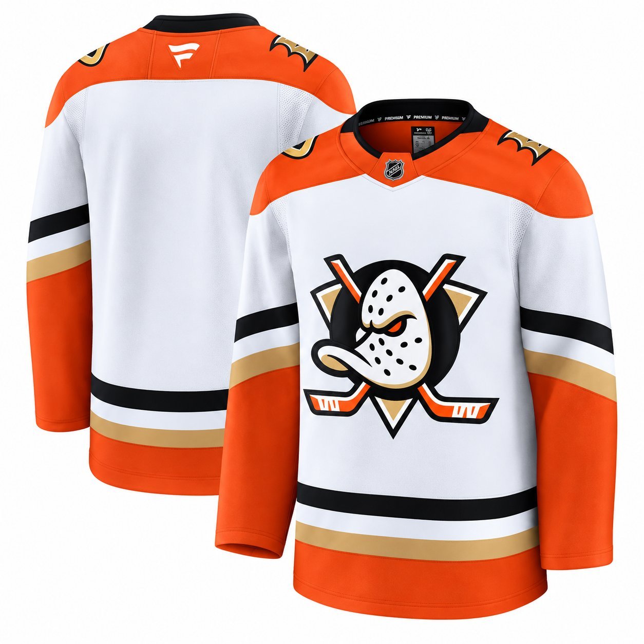 2022 NHL Reverse Retro Mighty Ducks of Anaheim jersey in white with orange, black, and gold accents and the cartoon duck mask logo.