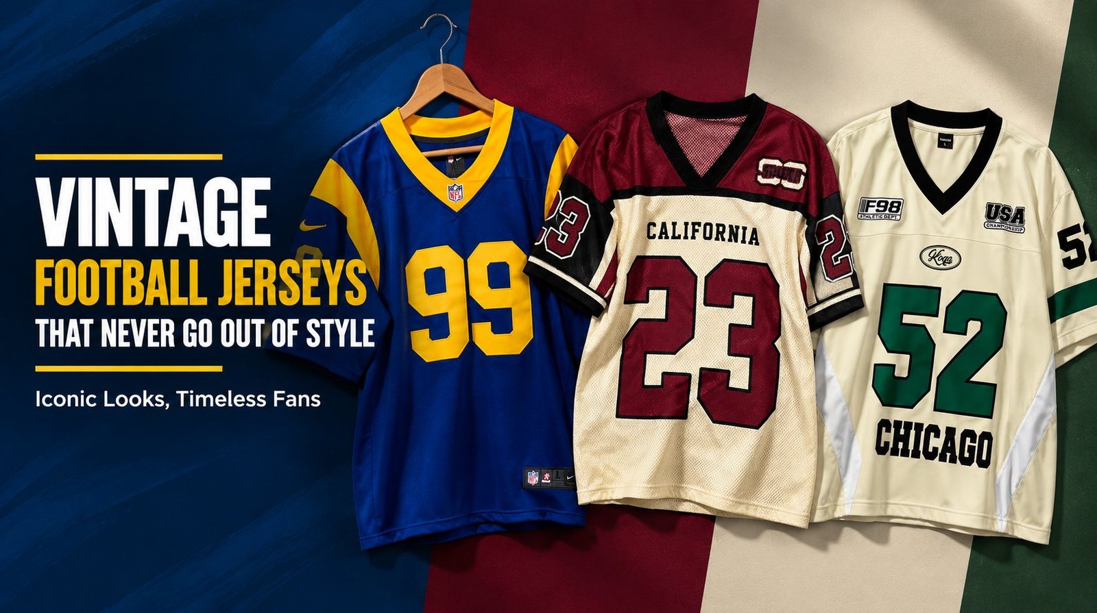 Vintage NFL football jerseys collection - powder blue, cream/burgundy, and white/green throwbacks hanging together