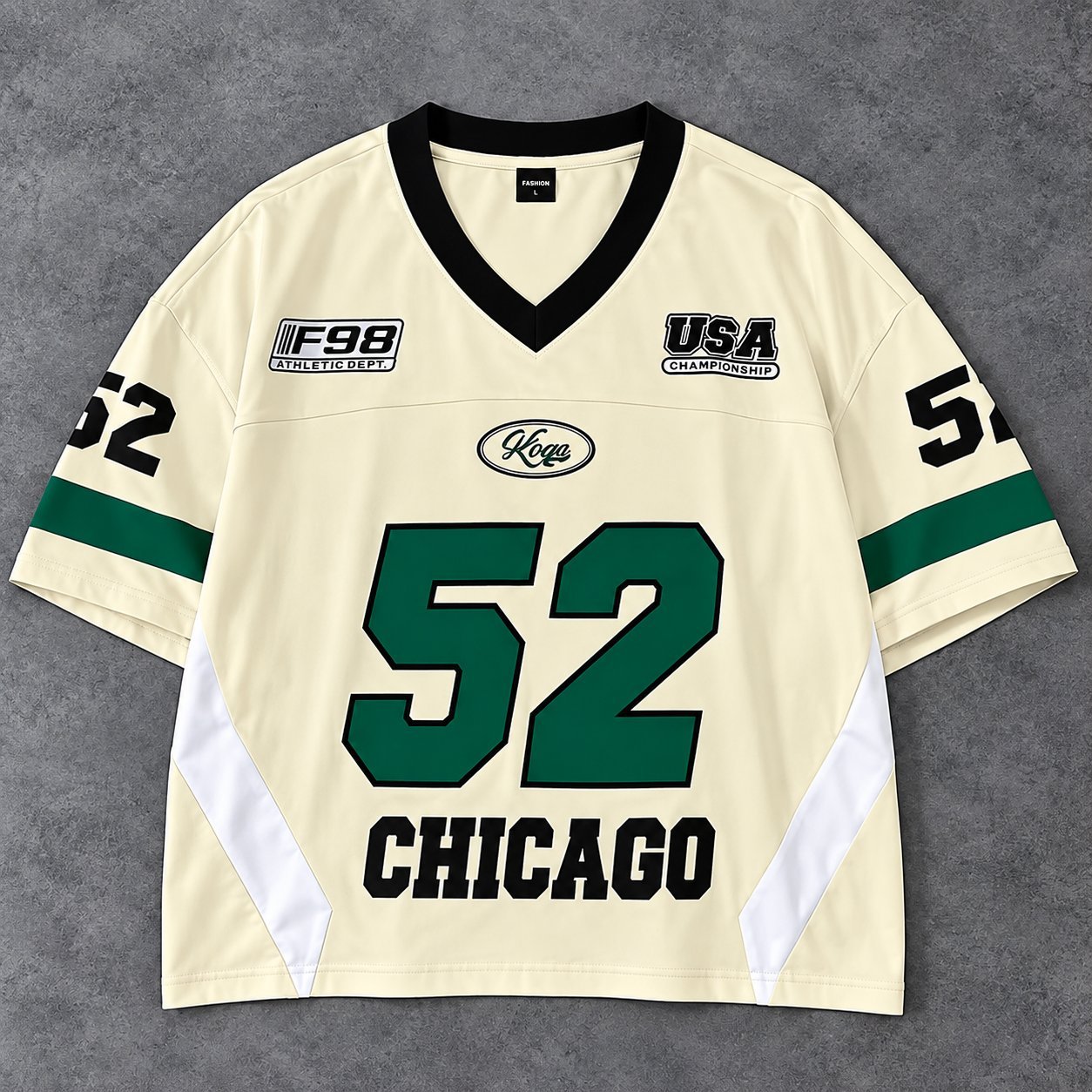 Cream and green Chicago-style throwback football jersey with number 52