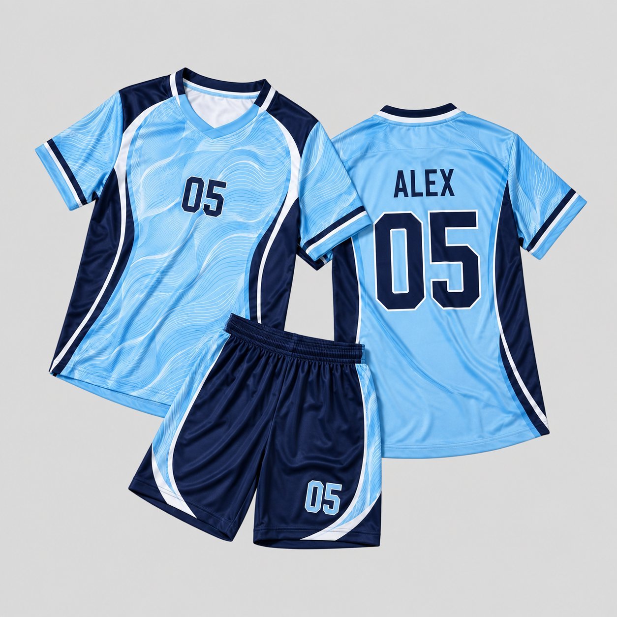 Alex #05 light blue and navy custom soccer jersey with matching navy shorts showing finished name and number customization