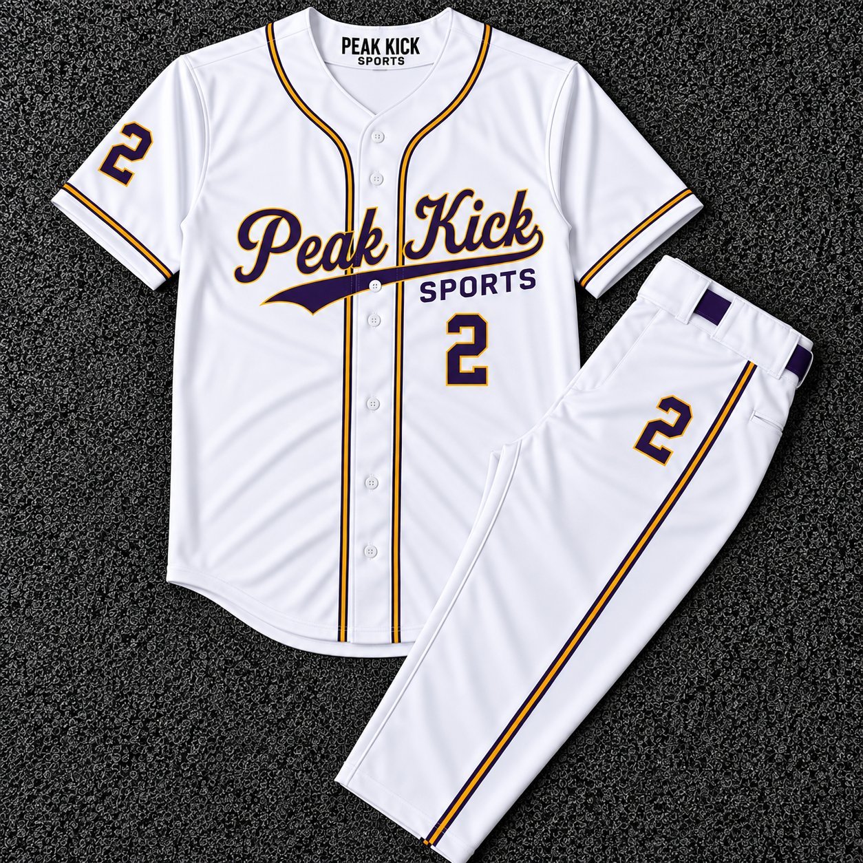 Peak Kick Sports number 2 white and purple baseball uniform with script wordmark and matching piped pants