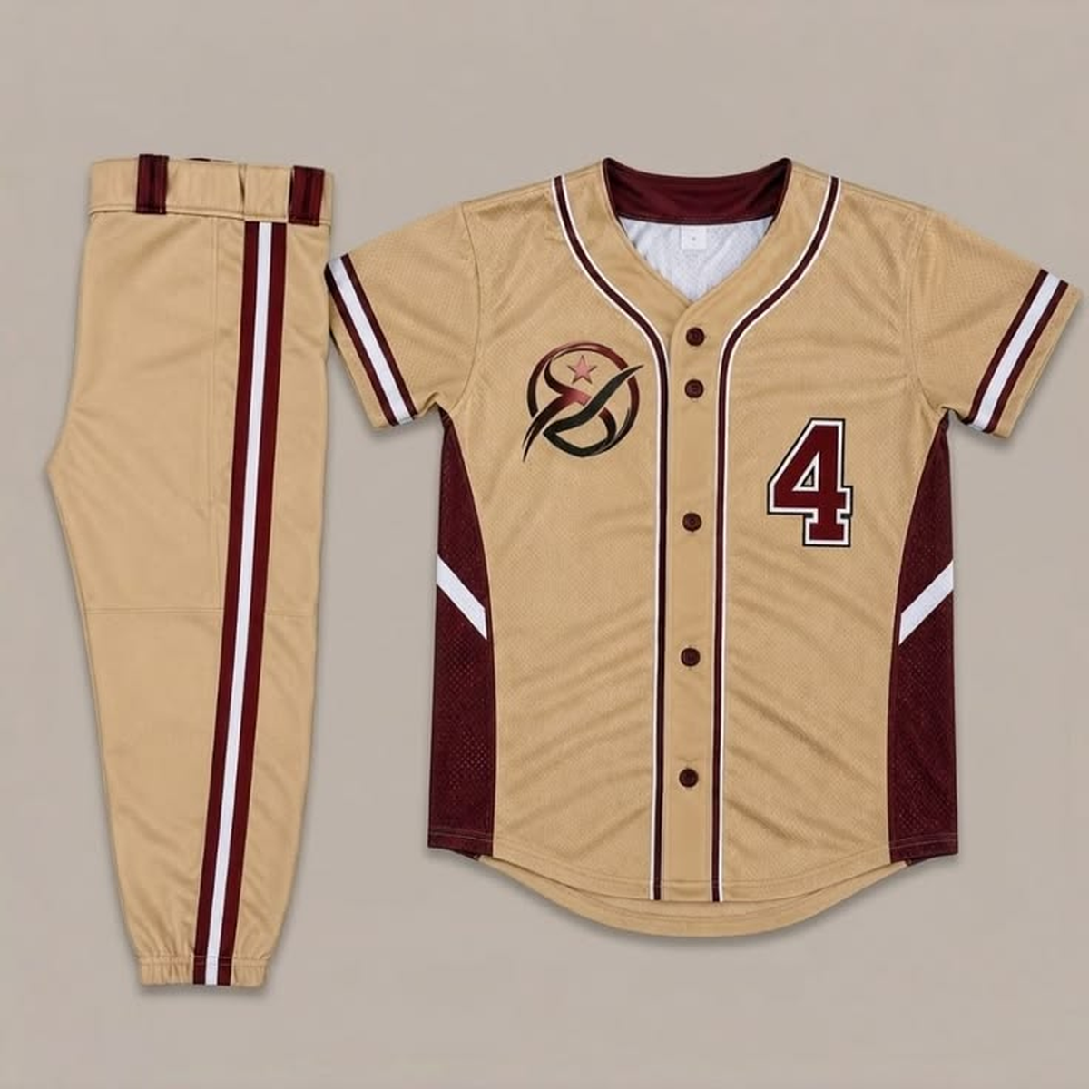 Tan and maroon number 4 baseball jersey with circular team mark and piped pants