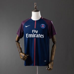 2017-2018 Paris Saint-Germain Home Jersey France – Navy with Maroon Sleeves and Fly Emirates Sponsor