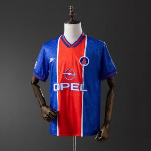 Homes Jersey Paris Saint-Germain 1995-1996 France – Blue with Red and White Vertical Stripe and Opel Sponsor