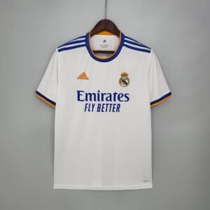 2021-2022 Real Madrid Home Jersey, White with Navy and Orange Collar Stripes — product photo