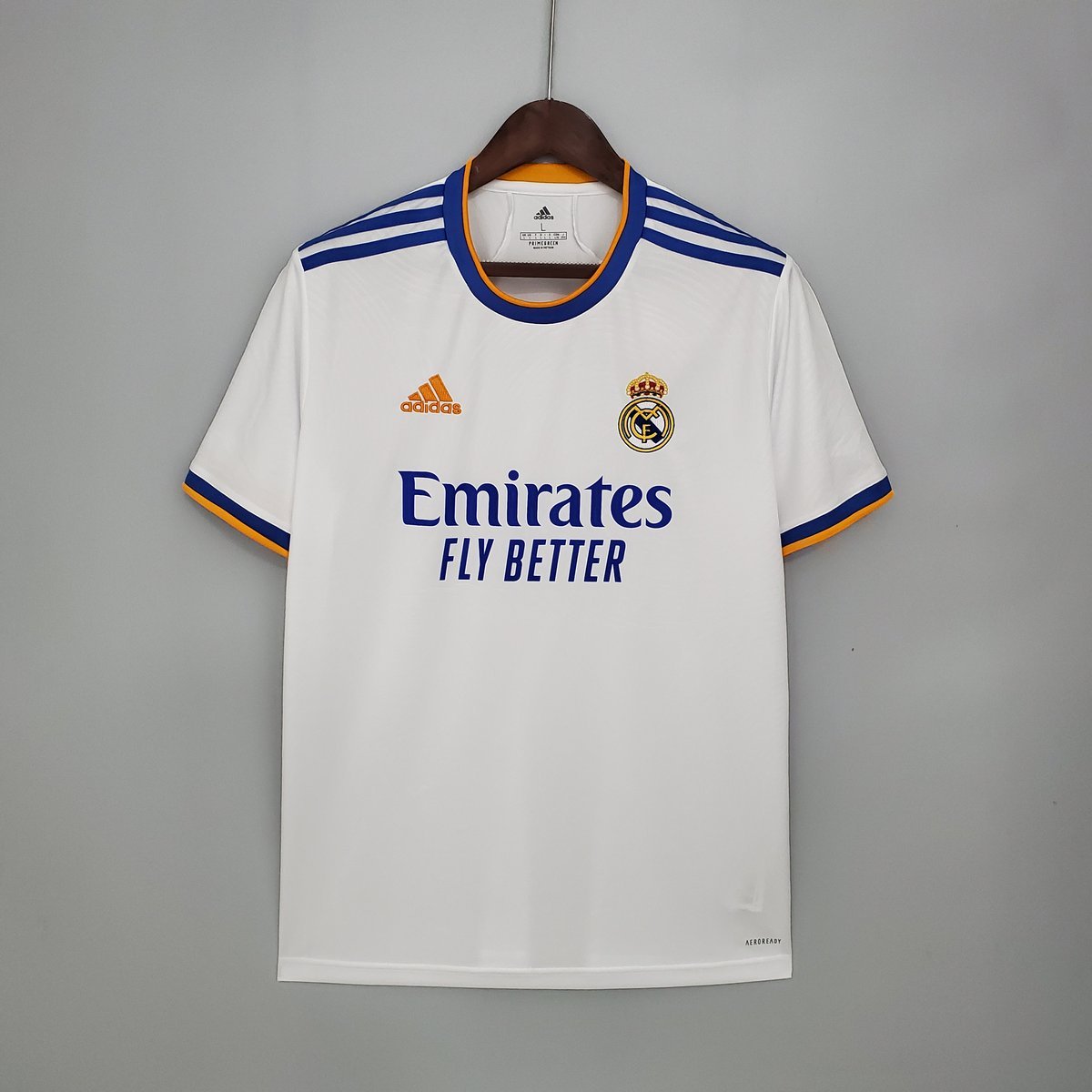 2021-2022 Real Madrid Home Jersey, White with Navy and Orange Collar Stripes — product photo