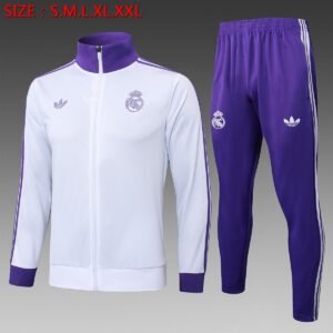 Real Madrid 2024-2025 Training Suit in White with Purple Collar and Side Stripes — product photo