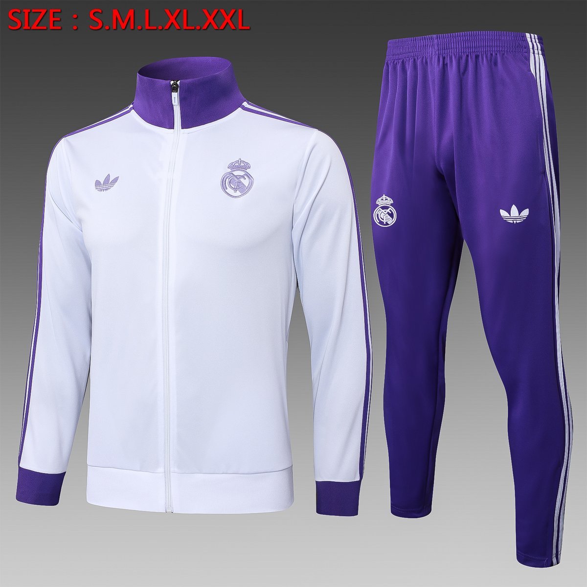 Real Madrid 2024-2025 Training Suit in White with Purple Collar and Side Stripes — product photo