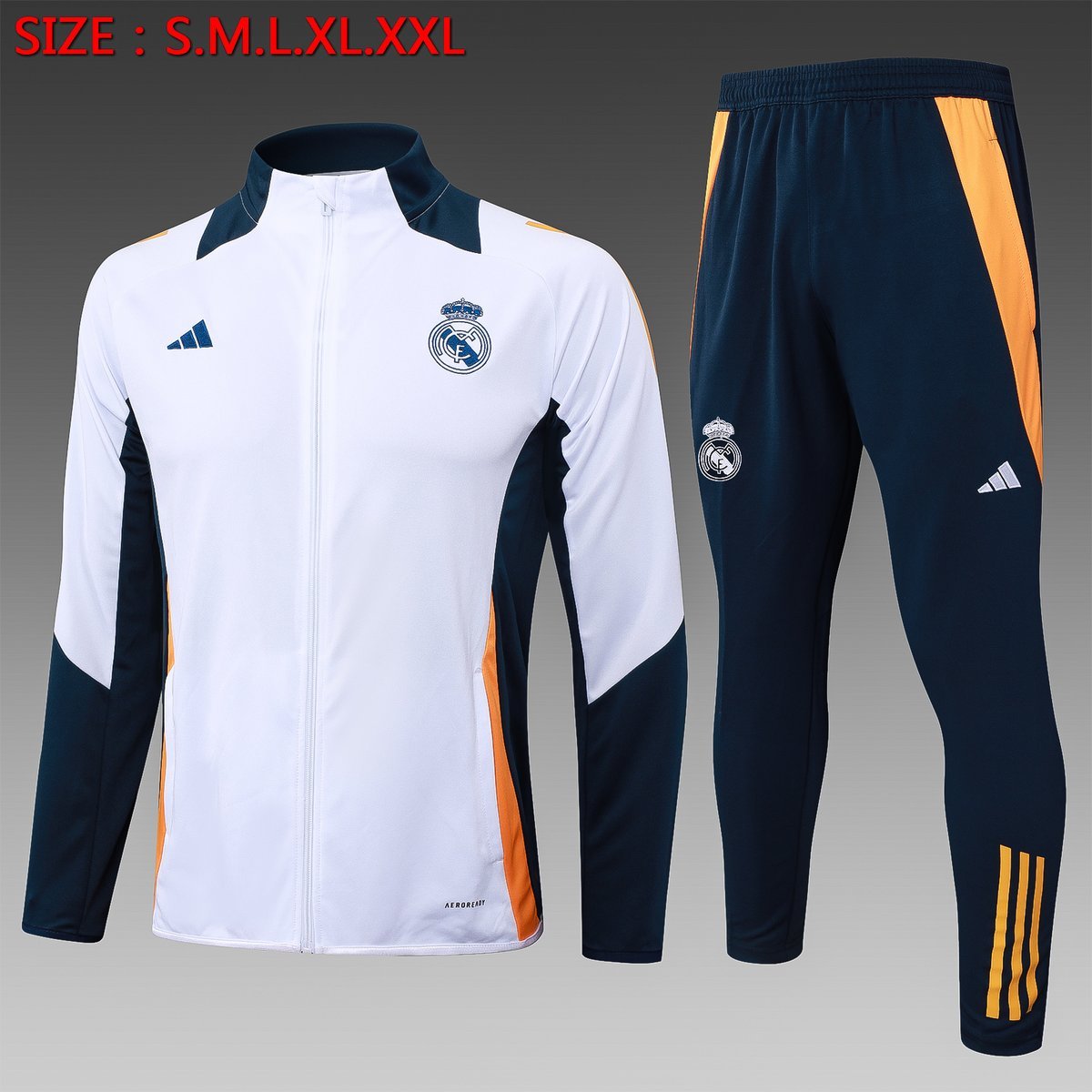2024-2025 Real Madrid Training Suit, White with Navy and Gold Side Panels — product photo