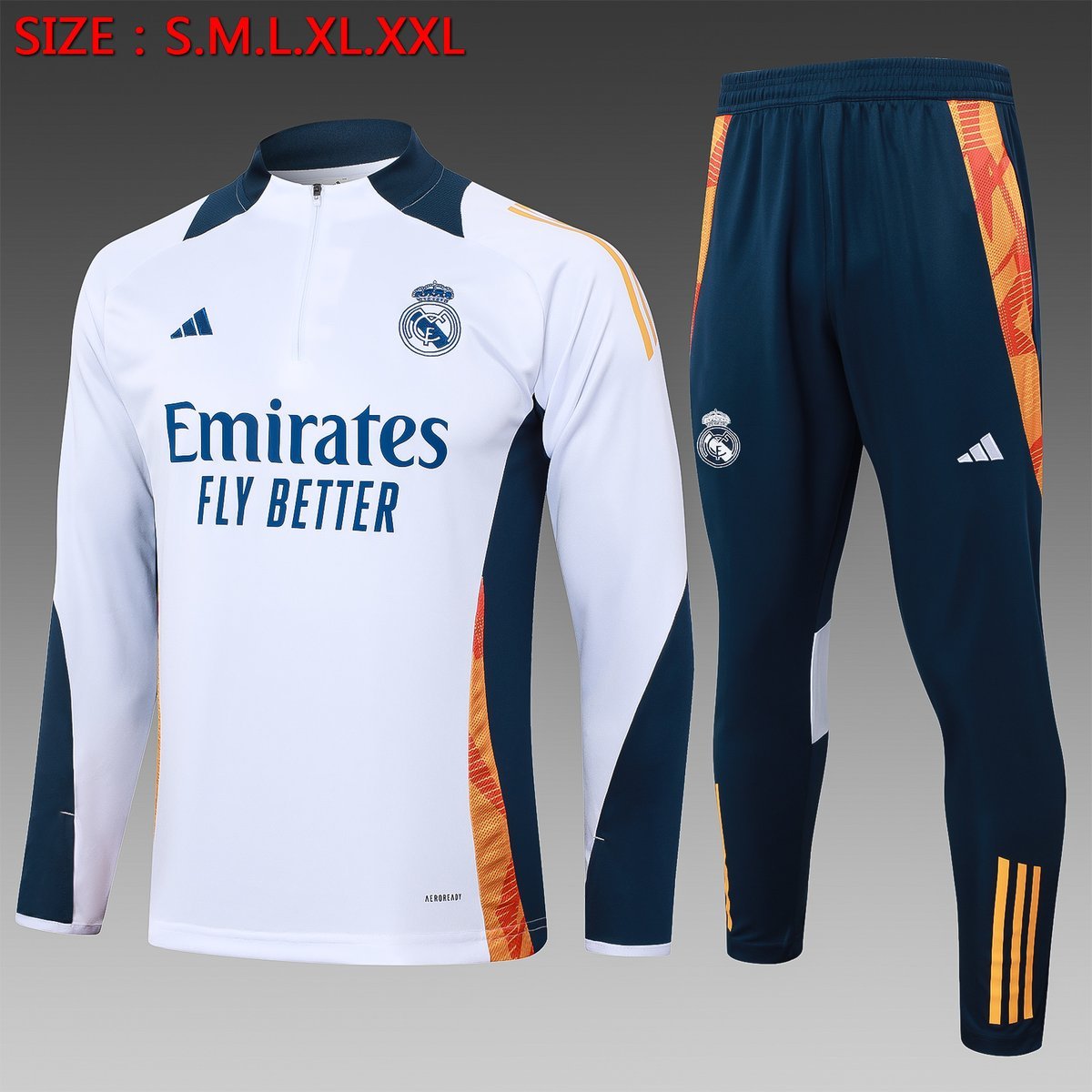 Real Madrid Training Suit 2024-2025 - White with Navy and Orange Side Panels — product photo