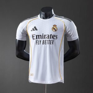 Real Madrid 2025-2026 Home Jersey in White with Gold and Black Shoulder Stripes — product photo