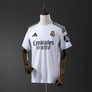 2025-2026 Real Madrid Home Jersey - White with Gold and Black Shoulder Stripes — product photo