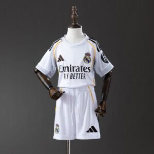 2025-2026 Real Madrid Home Kids Kit, White with Gold and Black Shoulder Stripes — product photo