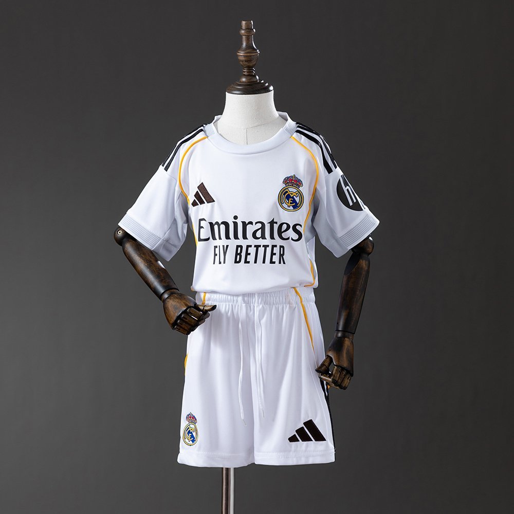 2025-2026 Real Madrid Home Kids Kit, White with Gold and Black Shoulder Stripes — product photo