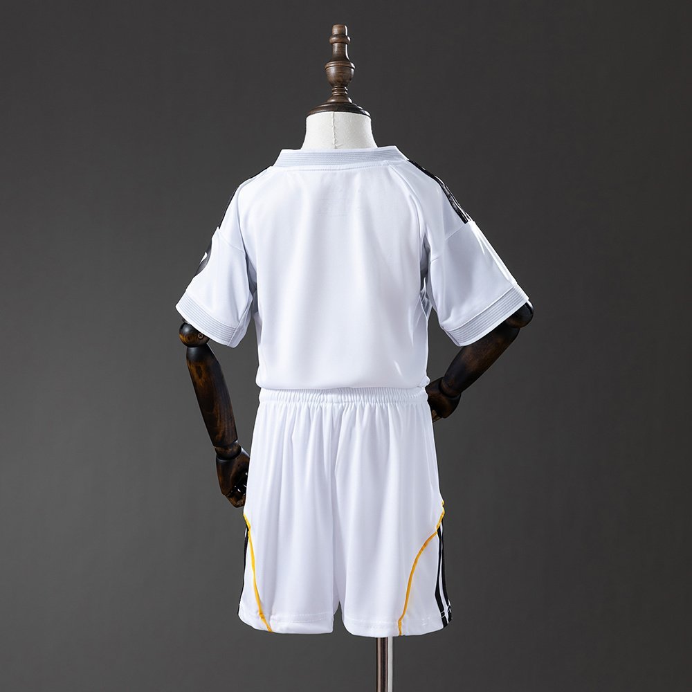 2025-2026 Real Madrid Home Kids Kit, White with Gold and Black Shoulder Stripes — alternate view 1