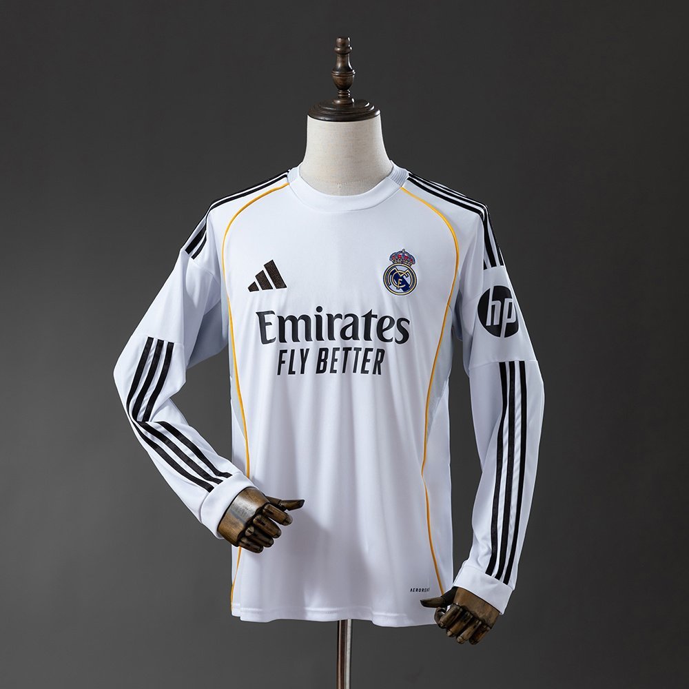 Real Madrid 2025-2026 Home Long Sleeve Jersey in White with Gold and Black Shoulder Stripes — product photo