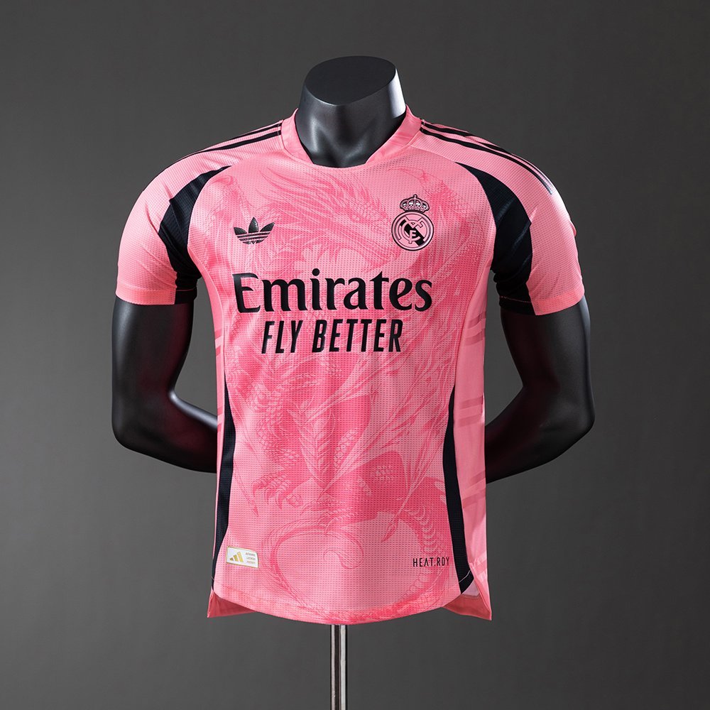 2025-2026 Real Madrid Jersey - Pink with Black Sleeves and Dragon Print — product photo