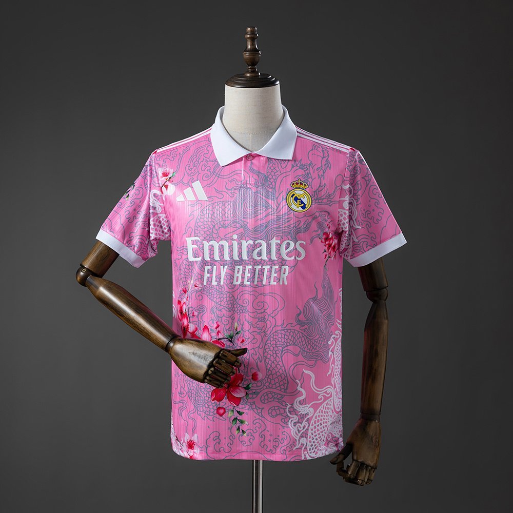2025-2026 Real Madrid Jersey - Pink with Floral Dragon Print and Polo Collar — product photo