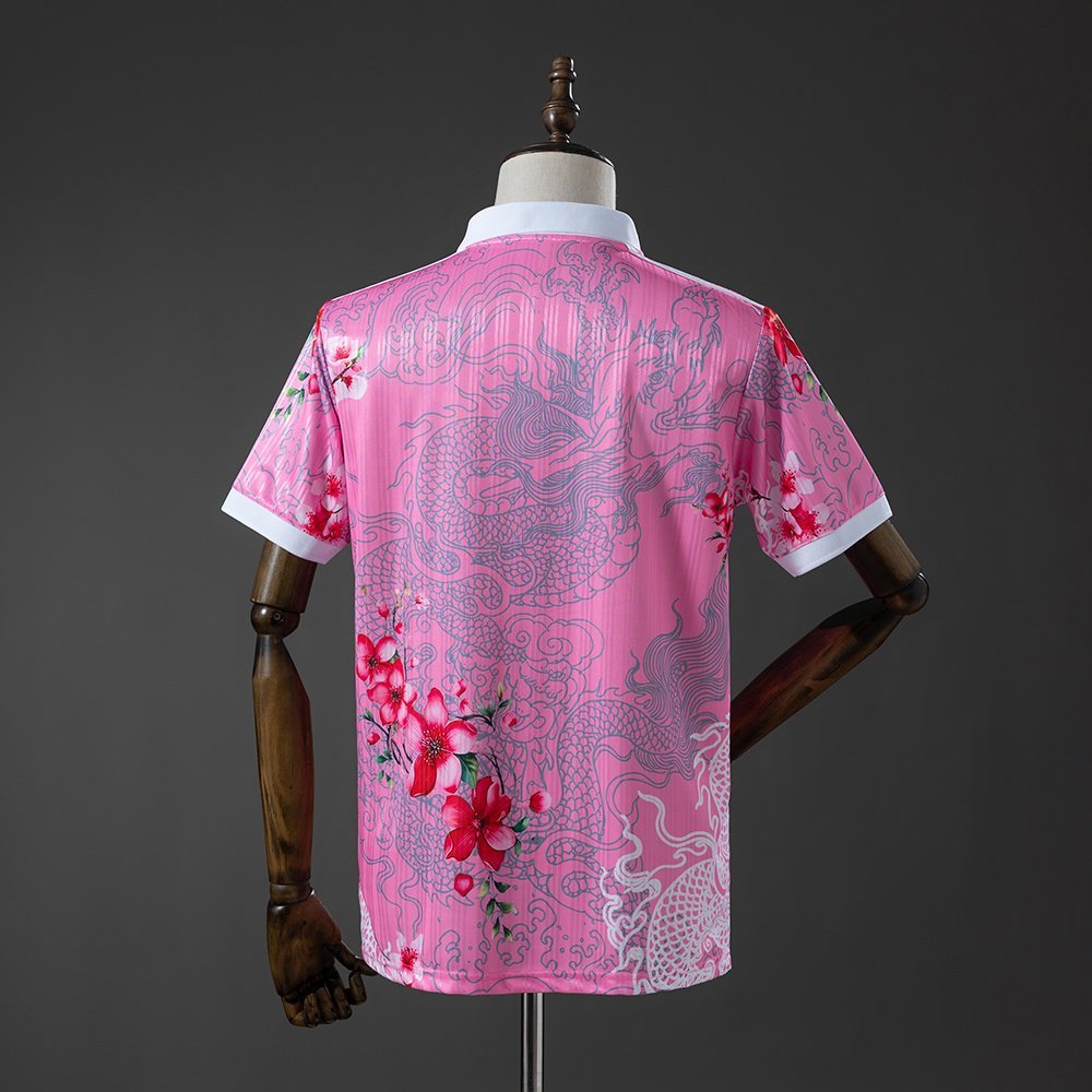 2025-2026 Real Madrid Jersey - Pink with Floral Dragon Print and Polo Collar — alternate view 1