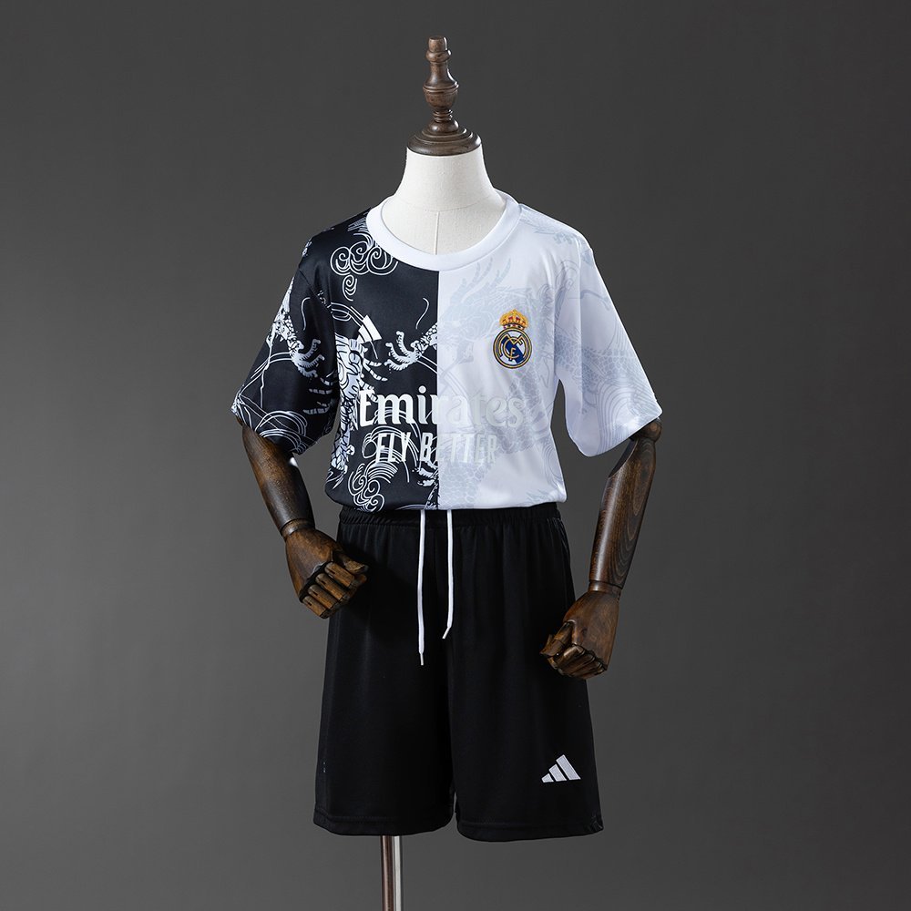 2025-2026 Real Madrid Kids Kit - Black and White with Dragon Print — product photo