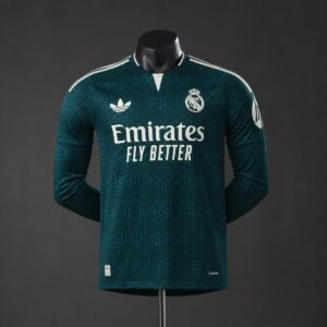 2026-2027 Real Madrid Away Long Sleeve Jersey, Dark Green with White Trim — product photo