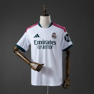 2026-2027 Real Madrid Home Jersey - White with Pink Shoulder Stripes and Green Collar — product photo