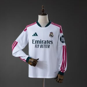 Real Madrid 2026-2027 Home Long Sleeve Jersey in White with Pink Shoulder Stripes — product photo