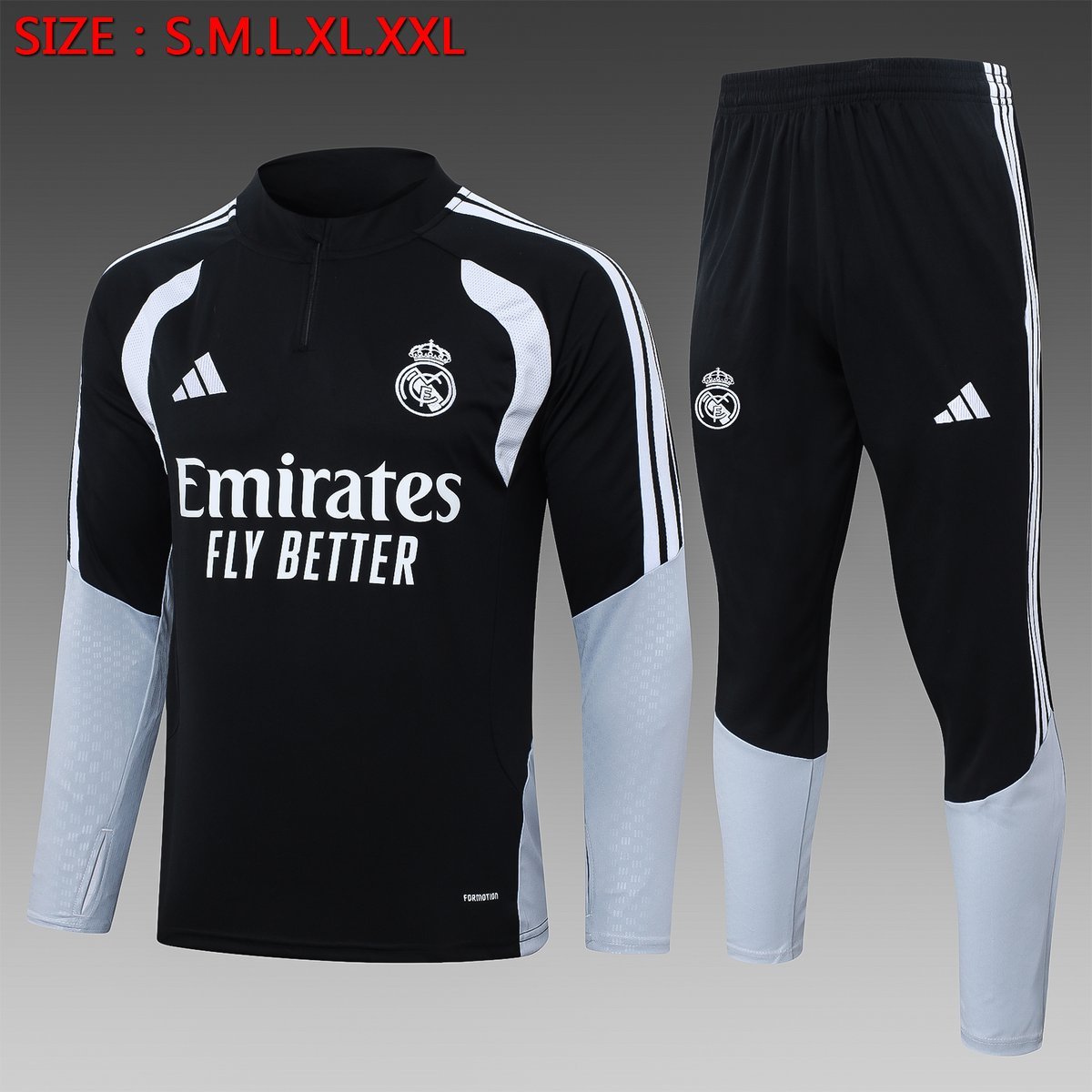 2026-2027 Real Madrid Training Suit - Black with White Panels and Grey Pants — product photo