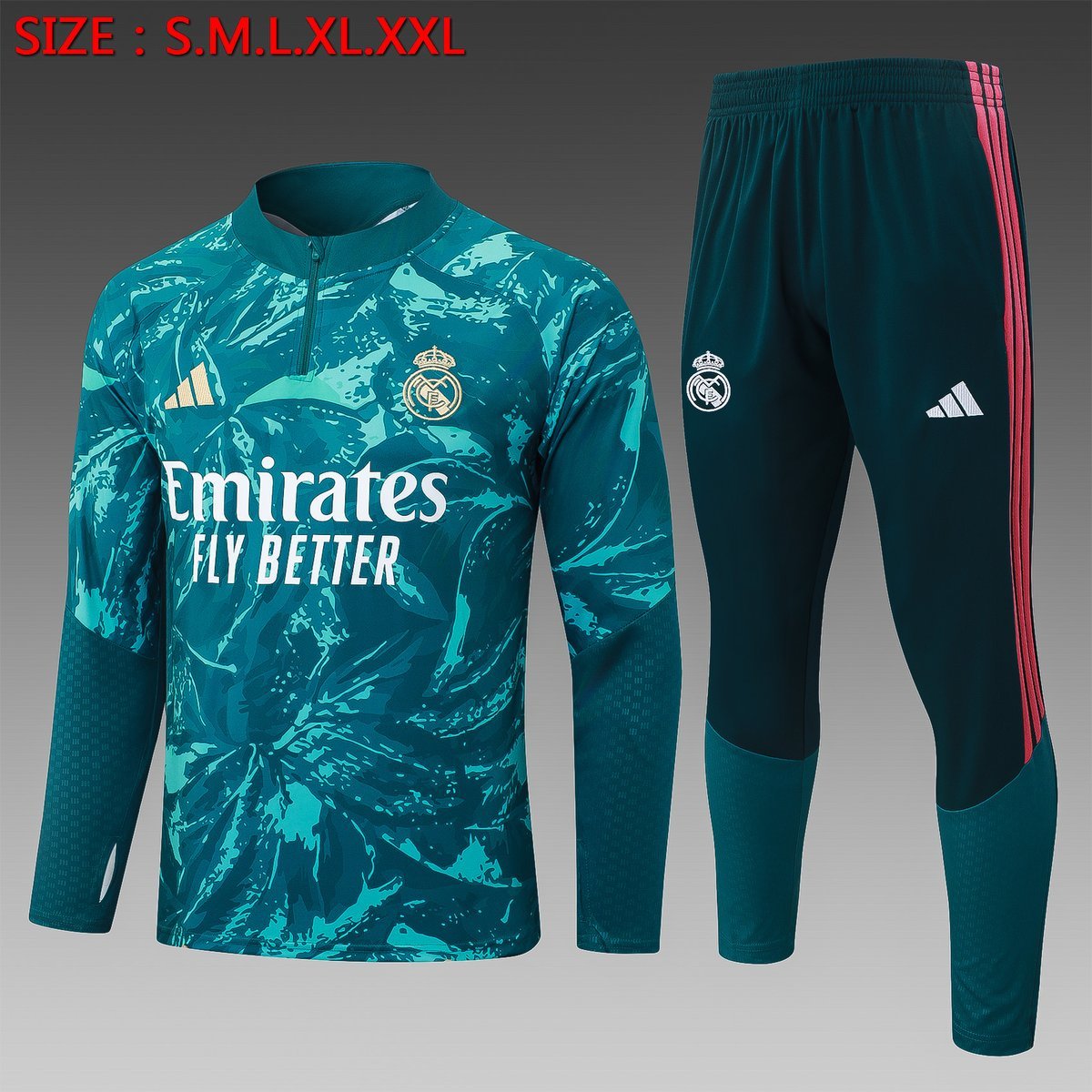 2026-2027 Real Madrid Training Suit - Dark Green with Ink Print and Pink Stripes — product photo