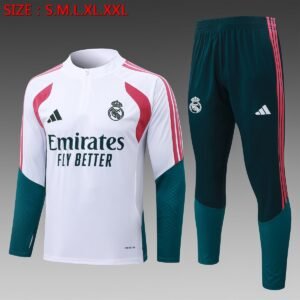 2026-2027 Real Madrid Training Suit, White with Rose Red Panels and Green Pants — product photo